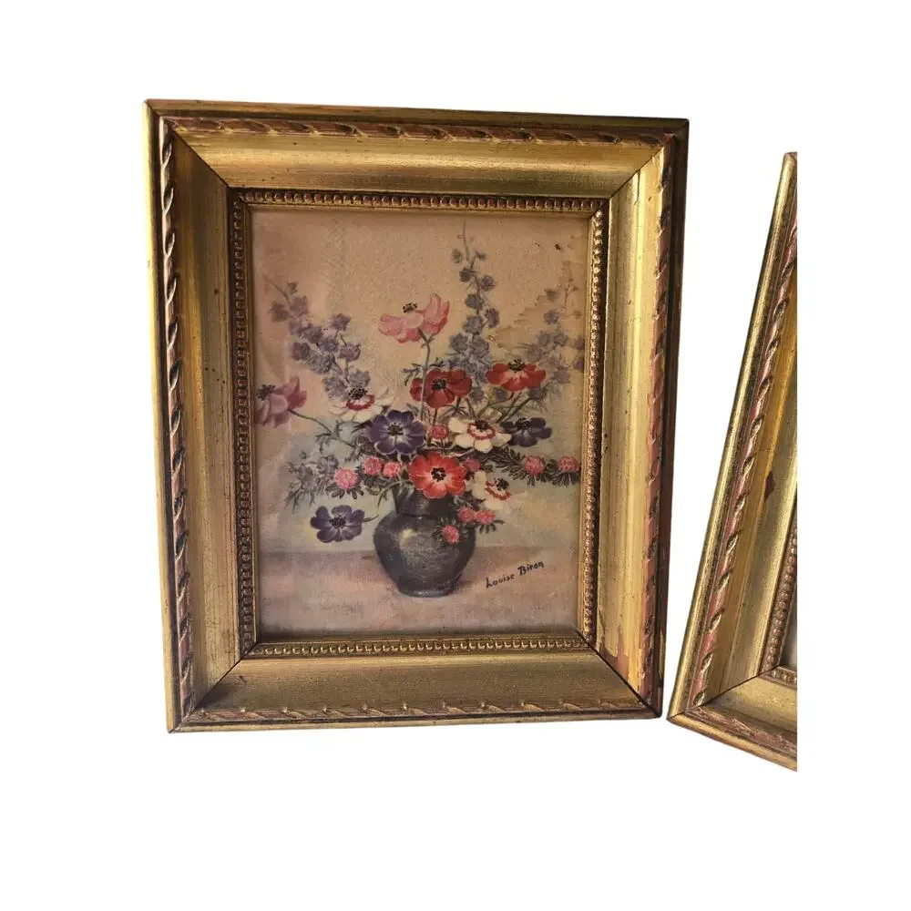 Vintage Gold Set of Two Flowers/Botanical in Vase Louise Biron picture W-21 - Picture 2 of 6